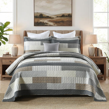 Gray Plaid Quilt Set - 100% Cotton Striped Plaid Patchwork Bedspread Coverlet Set, Lighweight Cozy Cottage
