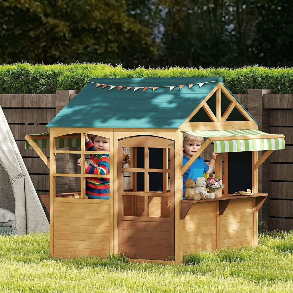 Robust Foldable Playhouse with Full Glass Windows, Operable Hinged Door, Convenient Snack Station, Waterproof Roof