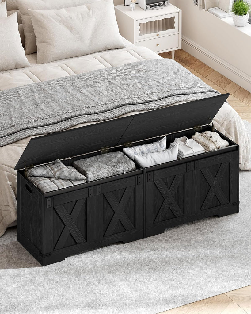 59" Storage Bench, Lift Top, 268L/70 Gal Large Chest | | Rustic Black, Farmhouse, FSC Wood, 330lb, Double Hinges