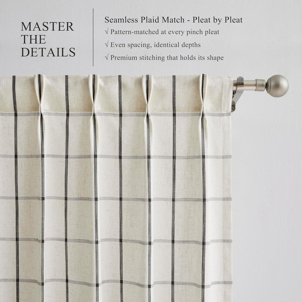 Black Plaid Pinch Pleat Semi Sheer Checkered Linen Blended Window Curtain Drape for Farmhouse Living Room