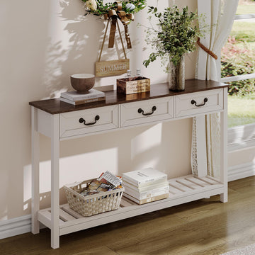 53" Farmhouse Entryway Table with 3 Drawers and Storage Shelf