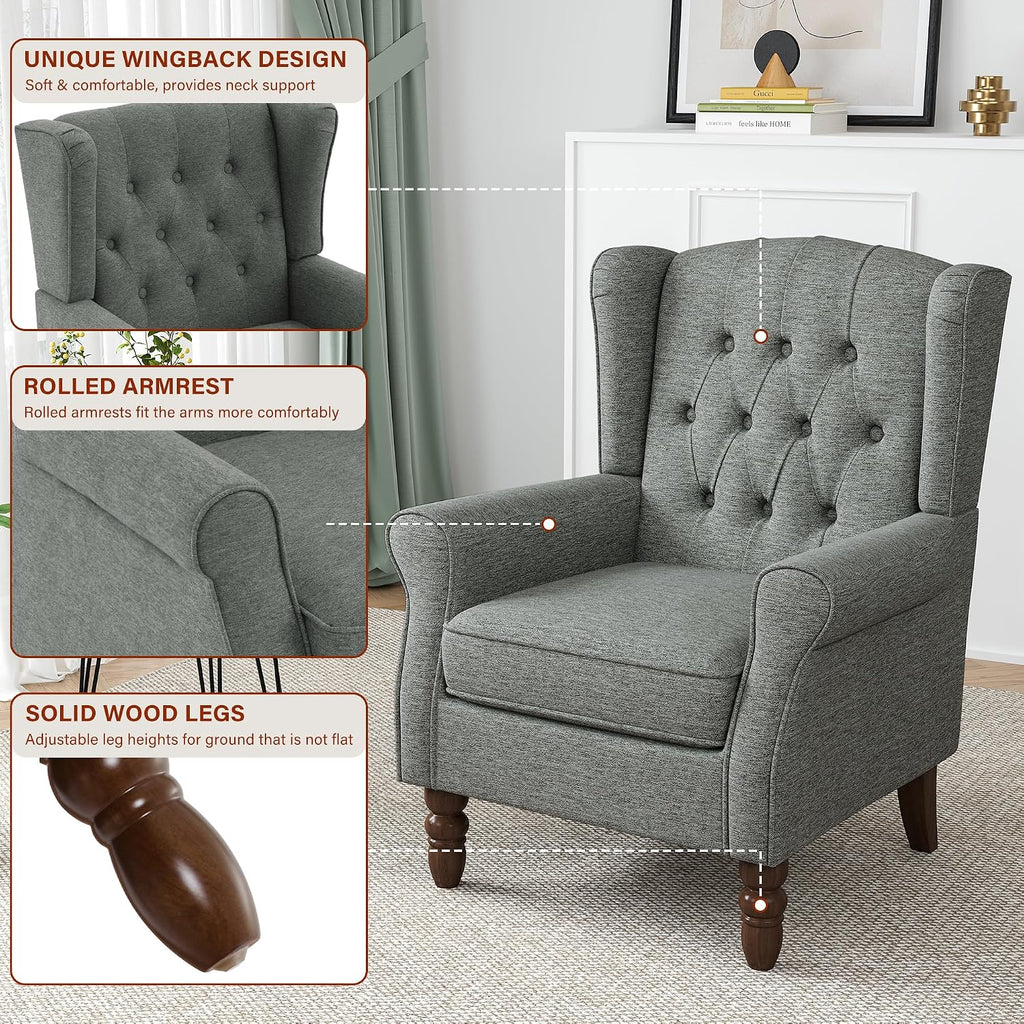 High Back Accent Chair, Tufted Wingback Chair , Grey | Button-Tufted Upholstered Armchair with Solid Wood Legs