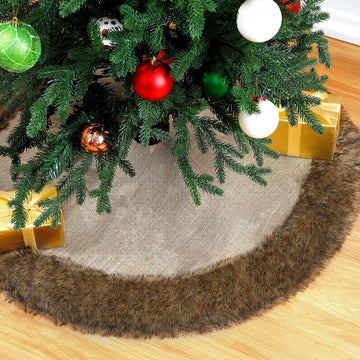 36 Inch Christmas Tree Skirt Burlap Brown Faux Fur Plush Xmas