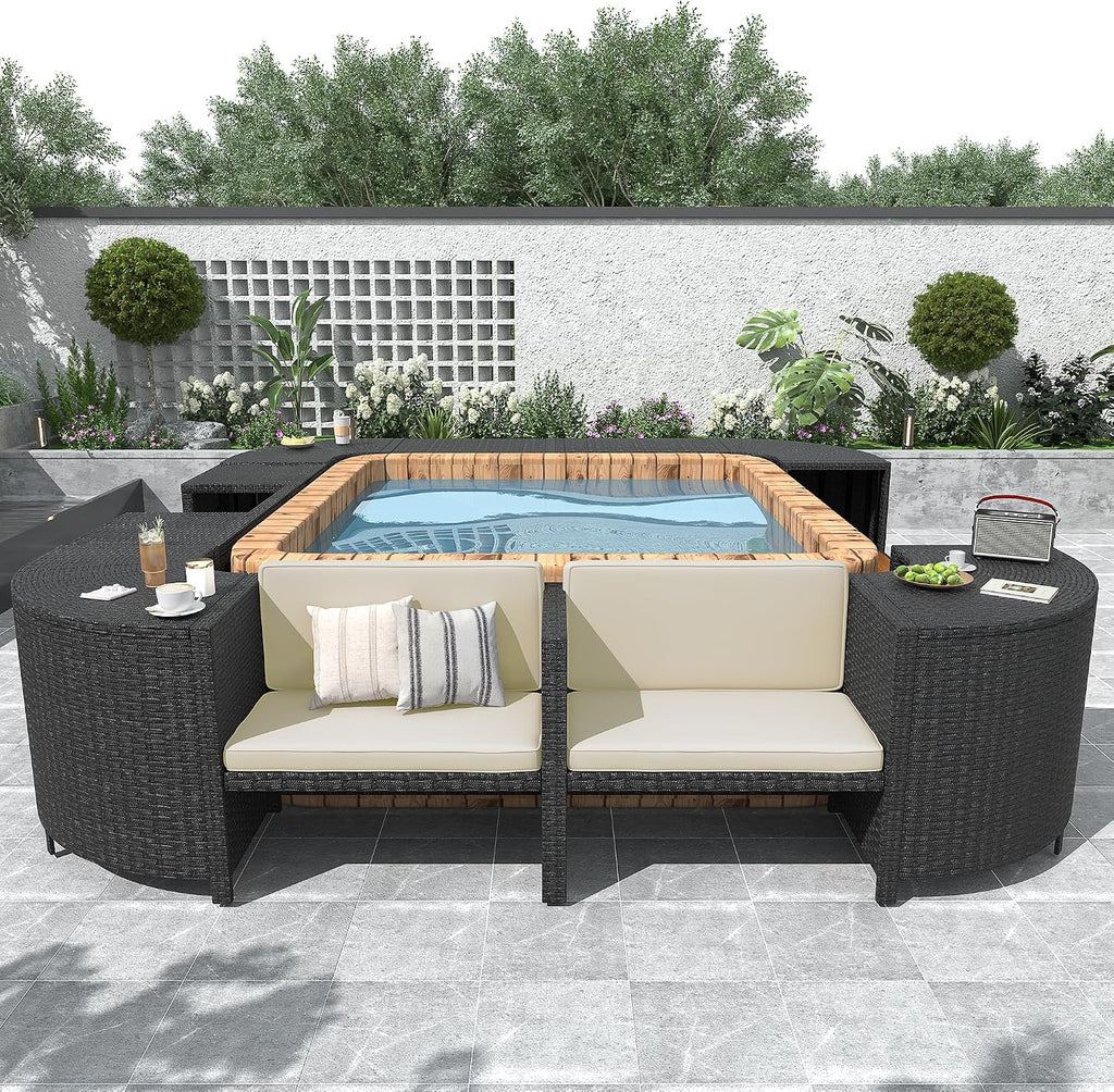 Patio Furniture Set with Mini Sofa, Wooden Seats and Storage Spaces, Outdoor Conversation Sets , Lawn, Garden