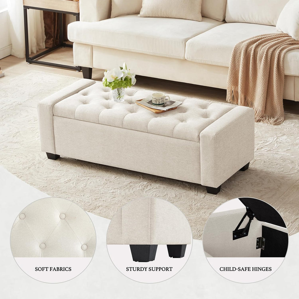 48" Ottoman with Storage, Storage Ottoman Bench with Safety Hinge, Upholstered Entryway Bench with Seating , Holds up