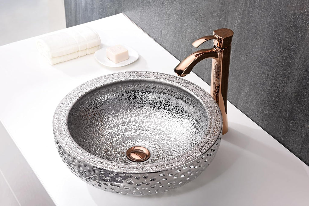 Tempered Glass Vessel Bowl Sink in Speckled Silver, Silver Top Mount Bathroom Sinks Above Counter