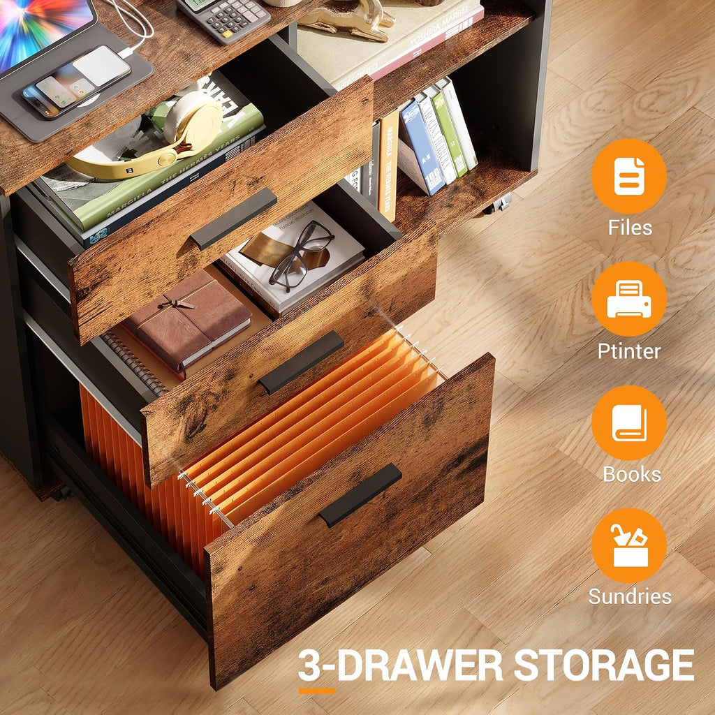 3 Drawer Wood File Cabinet, Rolling Filing Cabinet with Open Storage Shelf, Printer Stand Storage and Organization