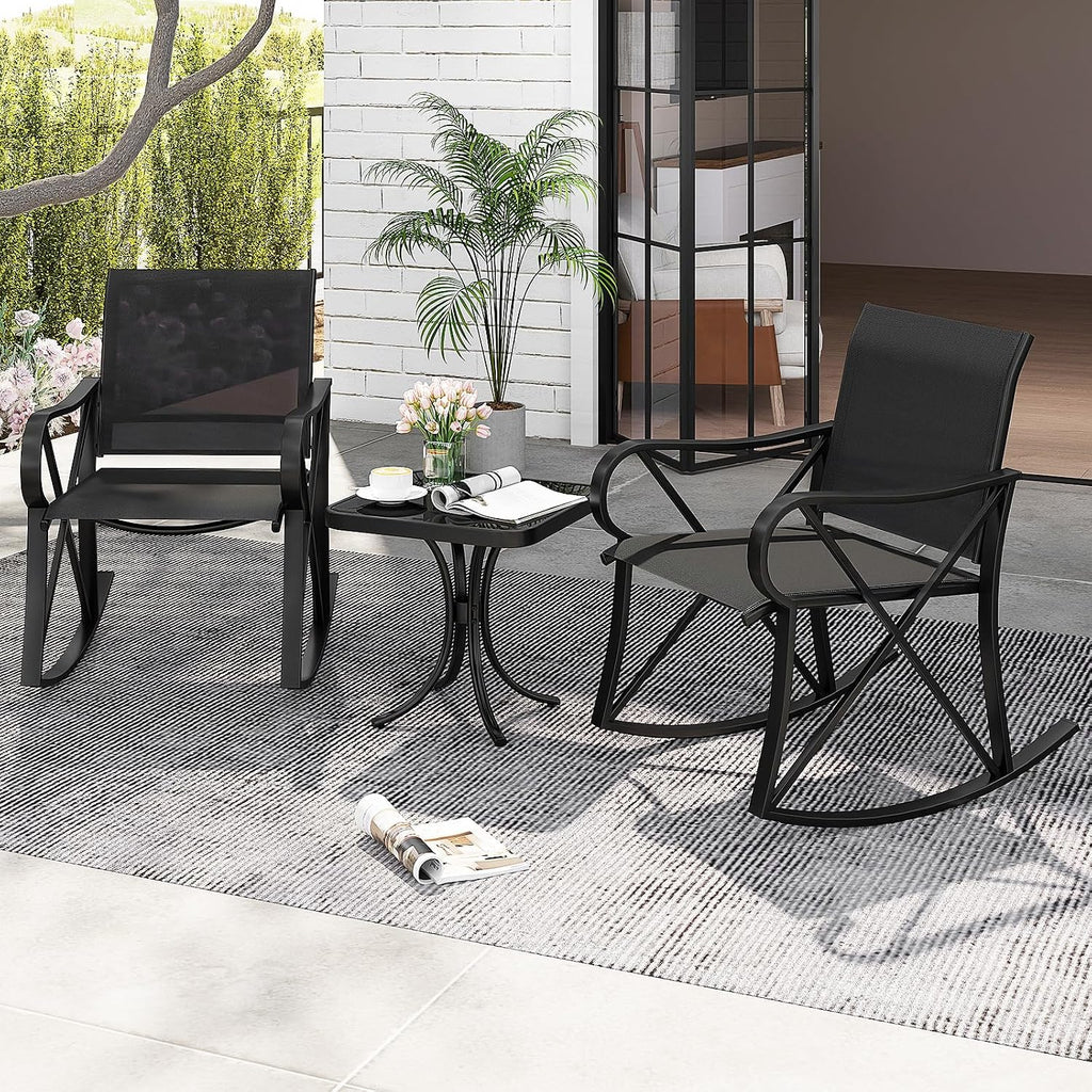 3 Piece Patio Rocking Set, 2 Rocking Chairs with Tempered Glass Side Table, Small Patio Furniture Set with Smooth