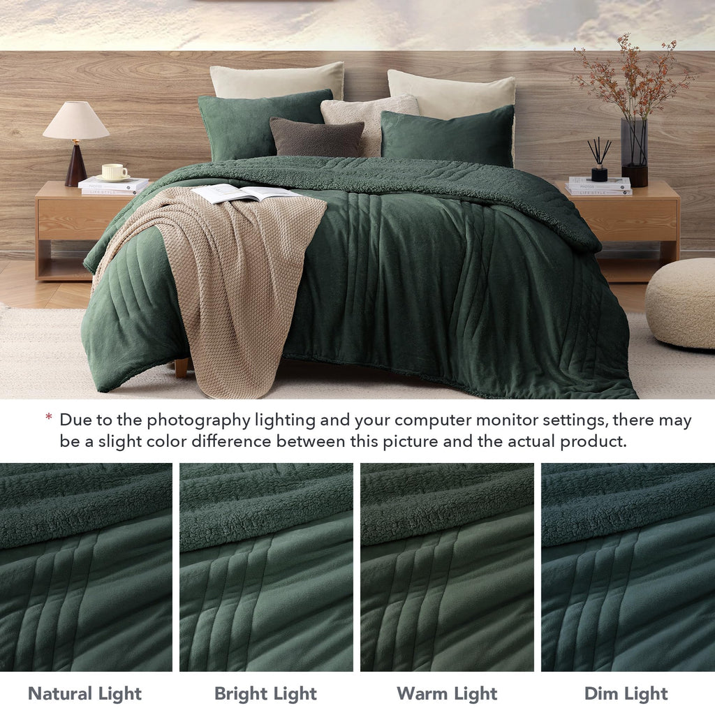 Comforter Sets Sherpa Fuzzy Bedding 3 Pieces, Deep Forest