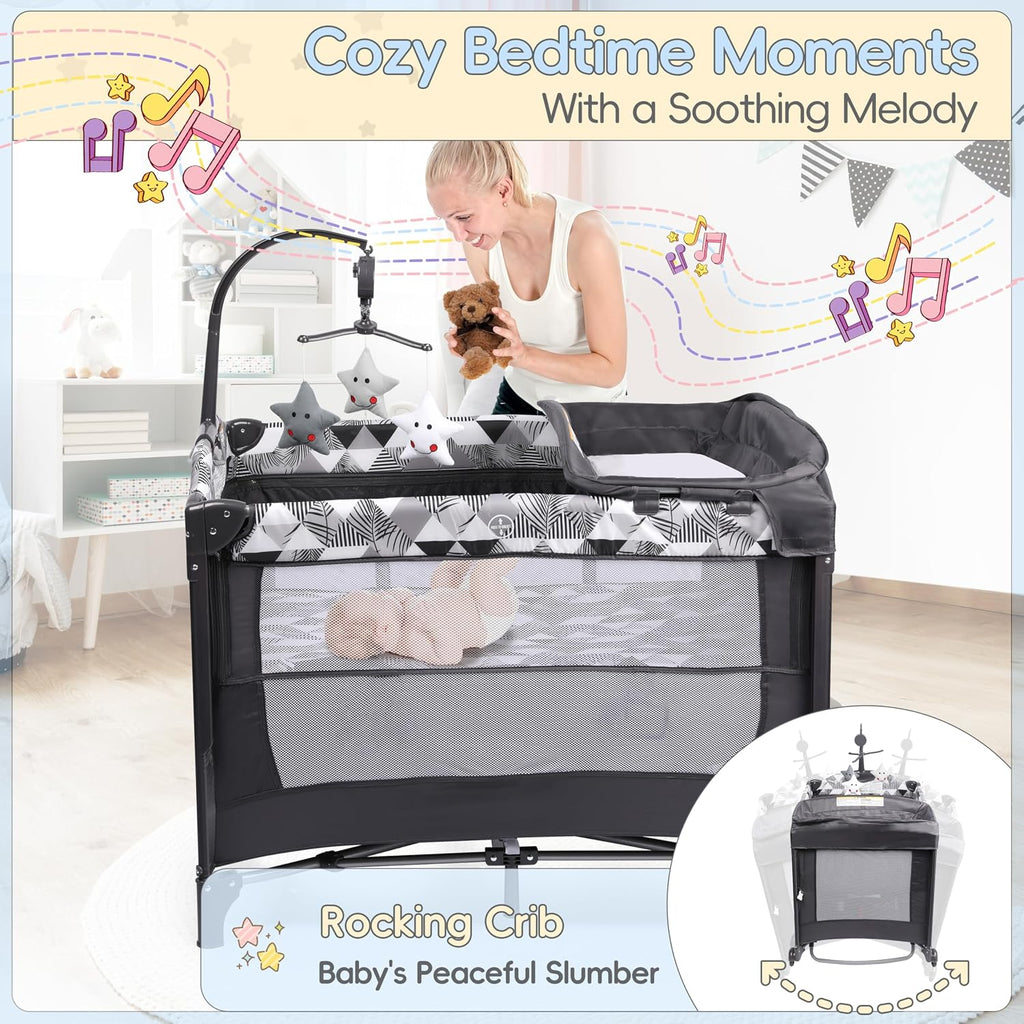 5-in-1 Pack and Play with Changing Table, Baby Bassinet Bedside Sleeper with Storage Bag & Music Box, Portable Baby