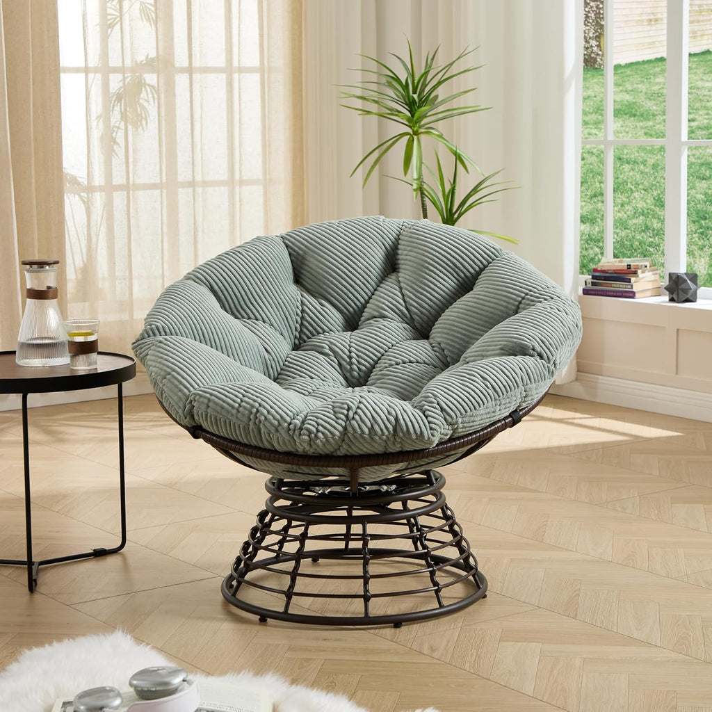 Oversized Cloud Papasan Chair with 360° Swivel Base, Ergonomic Rattan Lounge Chair with Thick Corduroy Cushion