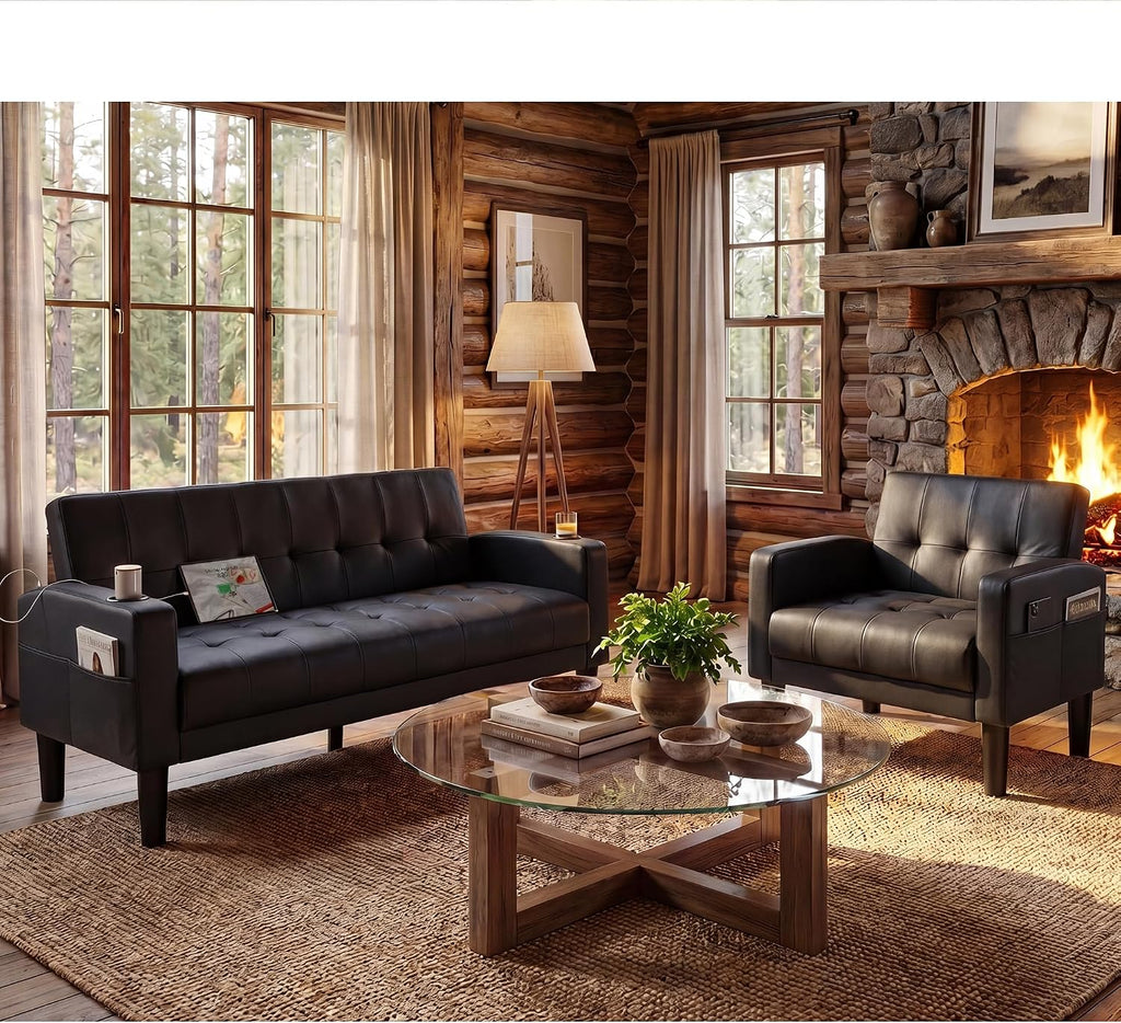 Light Grey Couch and Chairs Set, 3 Piece Living Room Furniture Set with USB & Type-C Ports, Fabric Loveseat Sofa and