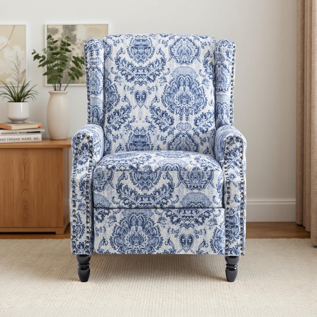 Wingback Recliner Chair with Adjustable Push Back, Navy | Pushback Recliner Chair with Footrest & Padded Seat, Solid
