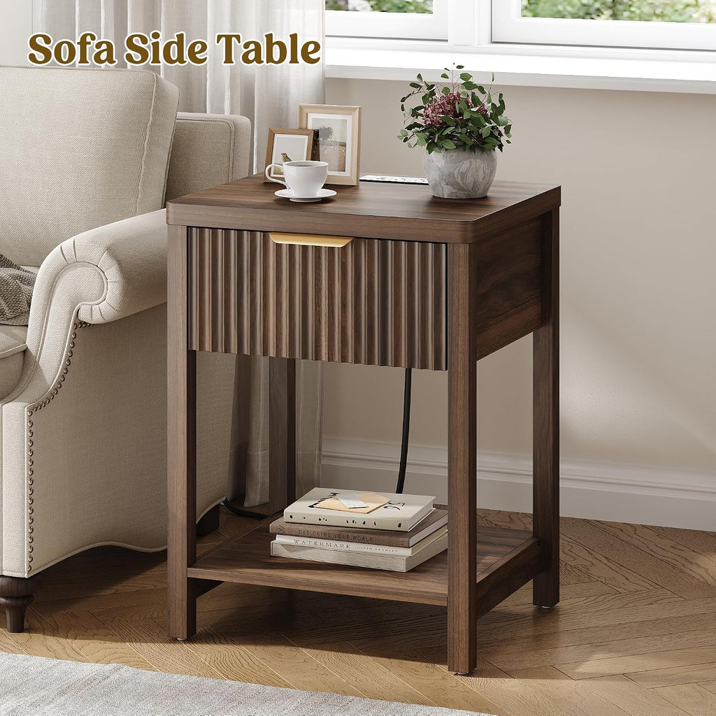 Night Stand Set 2, Fluted Nightstand with Charging Station, Wood Modern Bedside End Table with Storage Drawer , Save