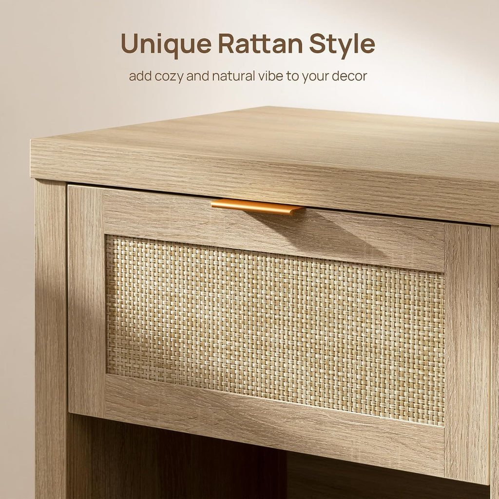 Rattan Nightstands Set of 2, Farmhouse Night Stand Bedside Table with Drawer and Storage Shelf - Boho End Side Table