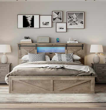 Farmhouse King Bed Frame with Sliding Barn Door Storage Headboard, LED Light and Charging Station, Wood Platform Bed