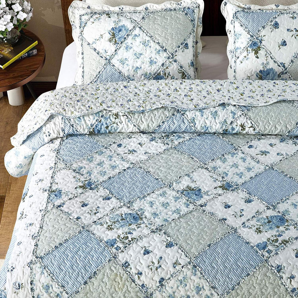 Blue Floral Patchwork Quilt Set, 3 Piece Bedding Set with 2 Pillowcases