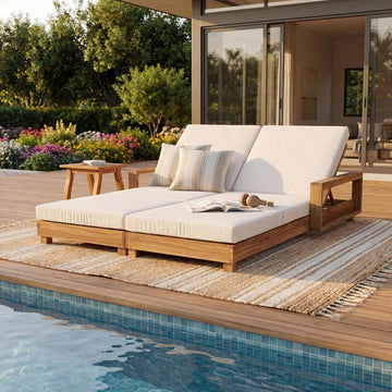 Acacia Wood Chaise Lounge Chair Outdoor, Spacious Double Outdoor Chaise Lounge with 3-Fold Cushions, 4 Position