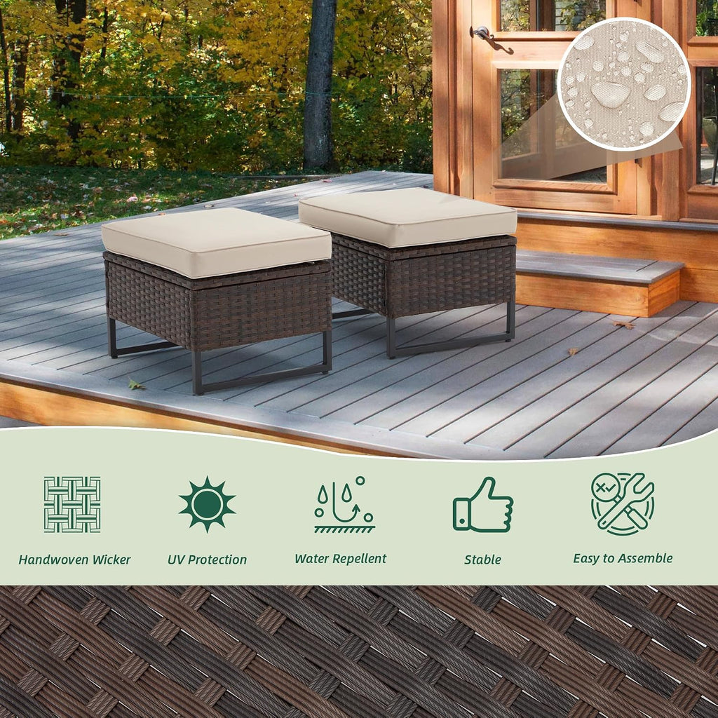 Outdoor Wide Wicker Ottomans Set of 2, All-Weather Rattan Ottoman Seat for Garden, Backyard and Balcony, Patio