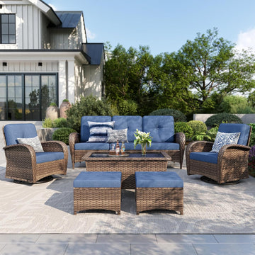 Patio Furniture Set 6 Pieces Wicker Outdoor Conversation Set | 2 High Back Patio Swivel Chairs, 3-Seat Rattan Patio