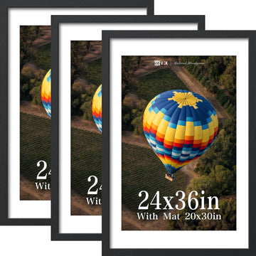 24x36 Frame 3 Pack, Black Solid Wood, 20x30 Mat, for Picture | Wide Border, Acid-Free Mat, 24x36 Poster Frame, Wall
