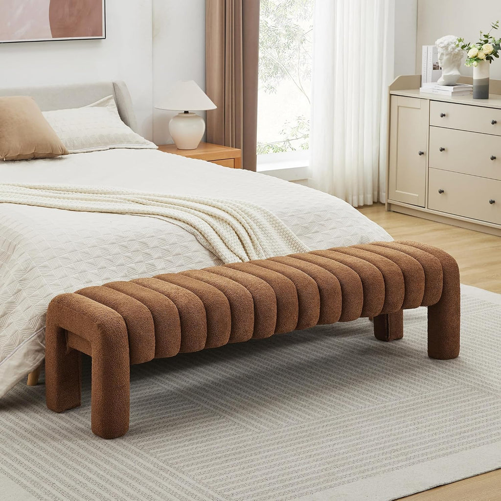 63" Upholstered Boucle Bench, Rust Brown | Padded King Size Long Ottoman, Sherpa Window Seat, Bedroom, Living Room