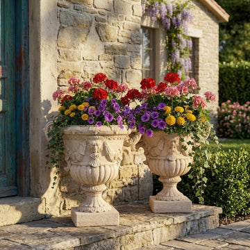 2-Piece 21.65" H Classical Mythological Relief Urn Planter, MGO Pedestal Flower Pot with Ornate Scroll Handles