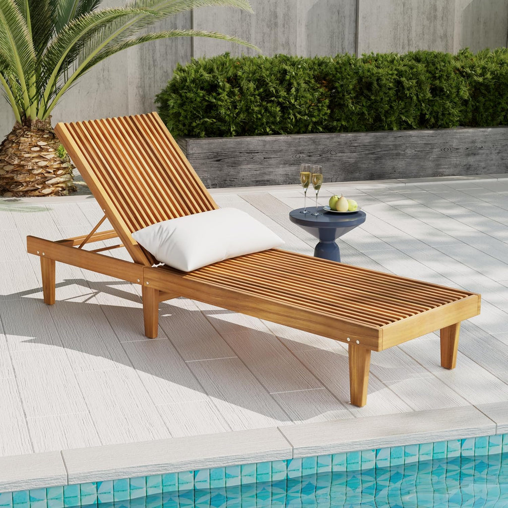 Outdoor Chaise Lounge Chair, Acacia Wood Frame Sunbathing Pool Lounger with 5-Position Adjustable Backrest, Patio