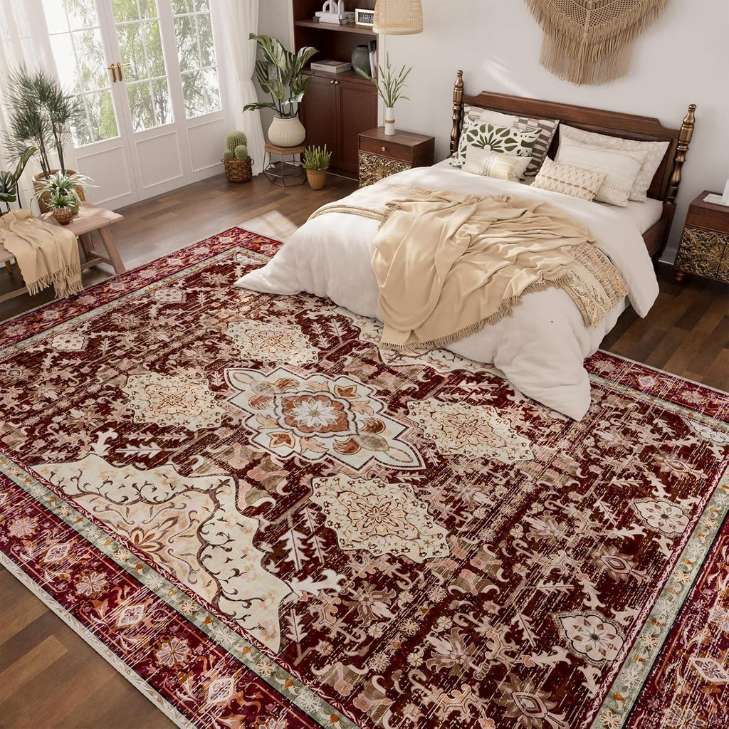 8x10 Area Rugs, Large Non-Slip Washable Rug, Boho Vintage Retro Medallion Print Pattern Carpet Dining Room Home