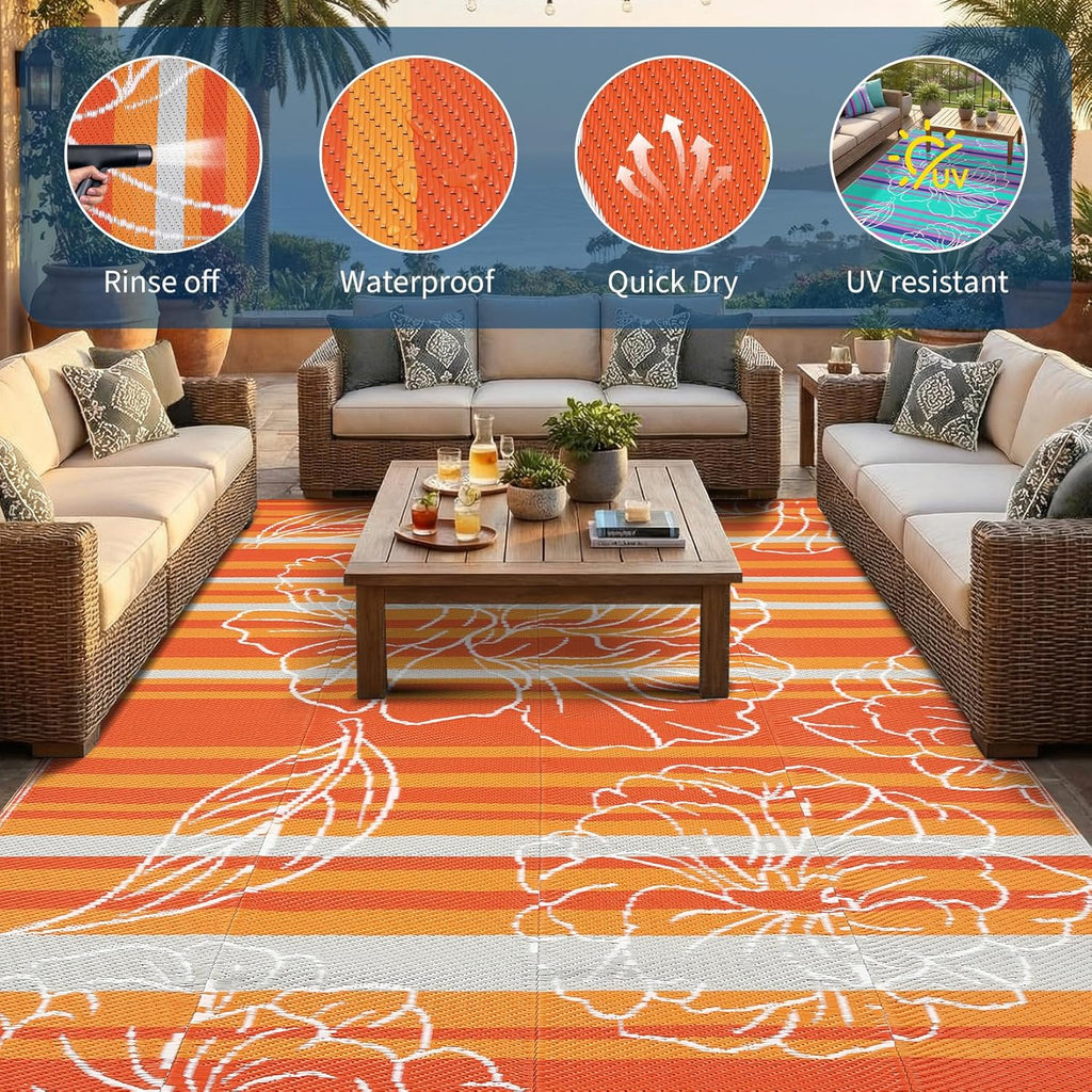 8x10 Outdoor Waterproof Rug, Floral Outdoor Area Rug，Reversible Plastic Straw Patio Rug, Portable Ca