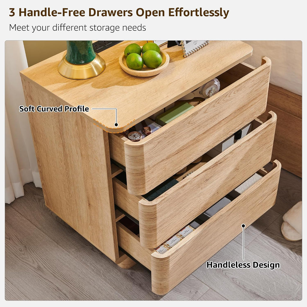 22" Modern Nightstand with Charging Station, Push-to-Open Handleless 3-Drawer Bedside Table, Large End Table with