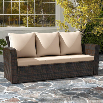 All Weather Wicker Patio Couch, 3 Seats Patio Sofa with Thick Cushions, Outdoor Furniture Couch with High Back