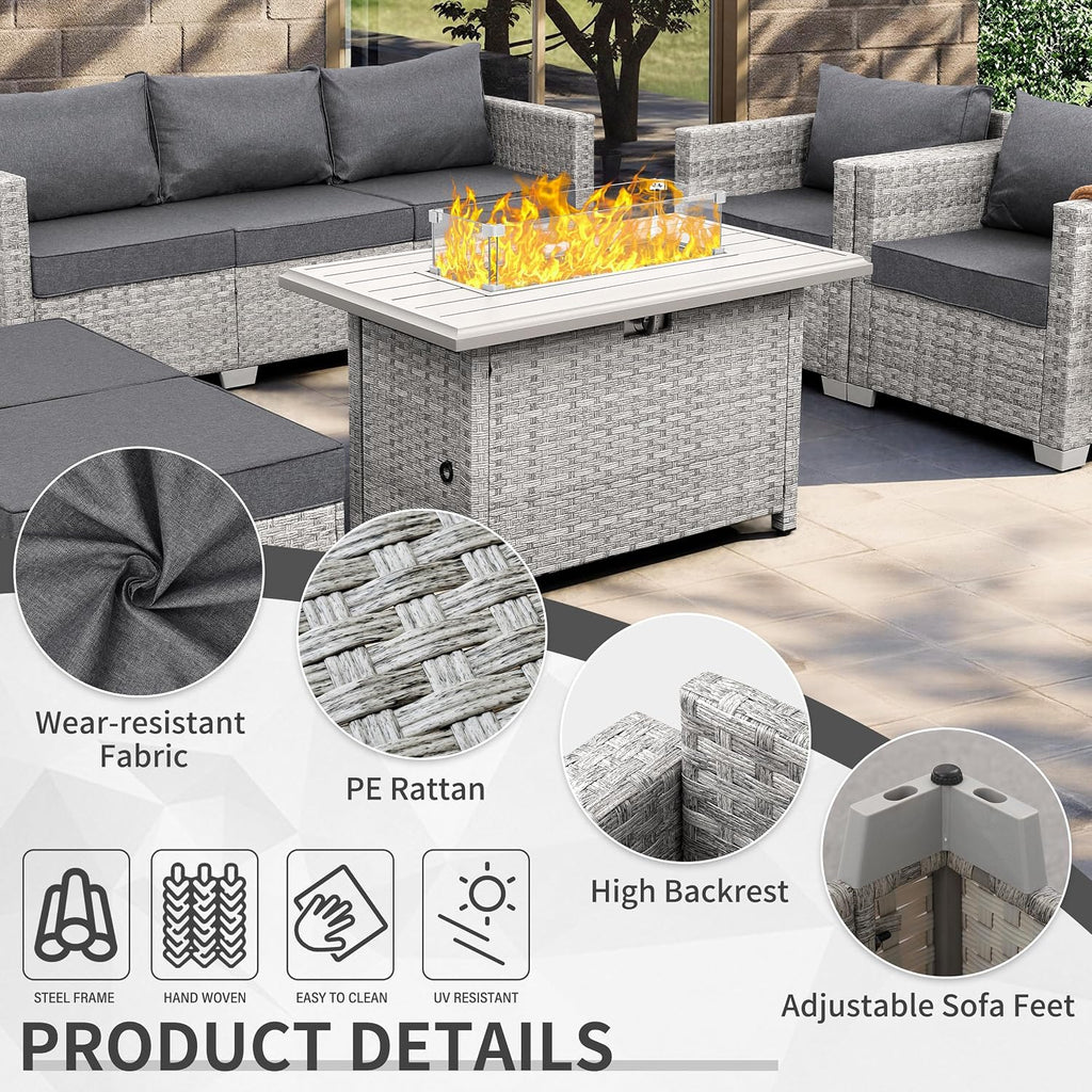Patio Furniture Set 6 Piece PE Rattan Outdoor Conversation Sets Grey Wicker Couch Sectional Sofa with Fire Pit