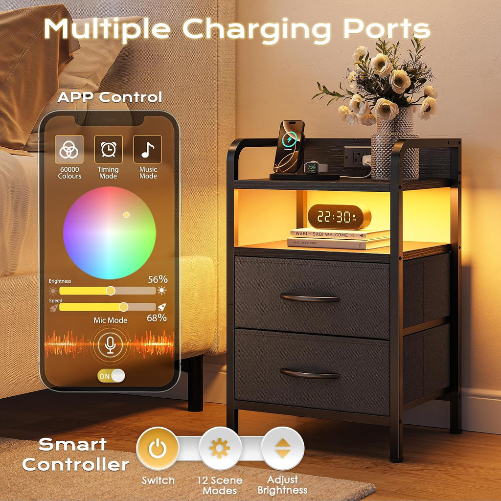 Nightstands Set of 2, Night Stand with LED Lights, Charging Station and USB-C Ports, 2 Drawers Bed Side Table, Open