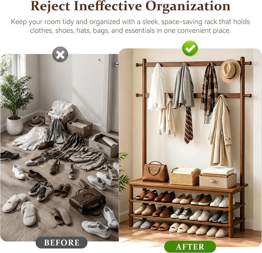Hall Tree with Shoe Storage Bench, 3-in-1 Entryway Coat Rack with Bench, 11 Hooks, Freestanding Wooden Entryway
