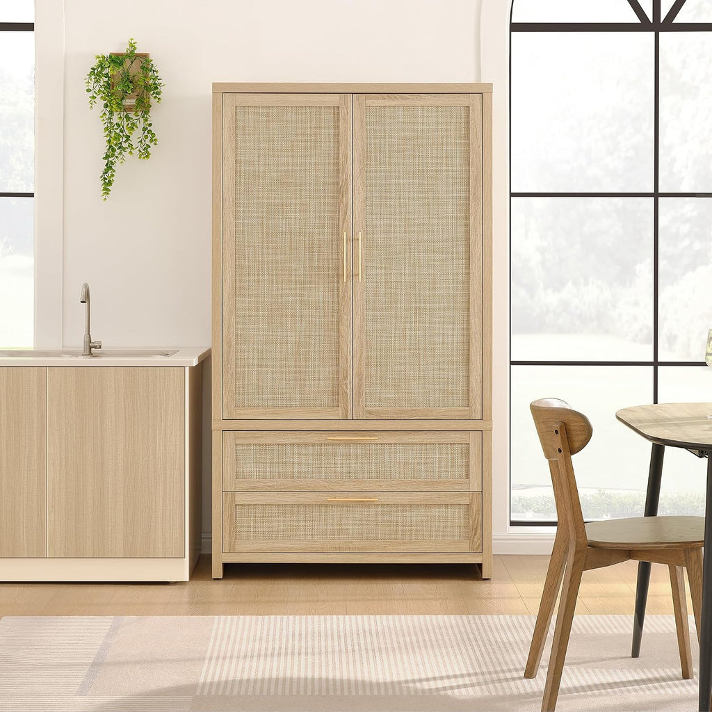 71 inch Rattan Wardrobe Closet : Armoire Wardrobe with Drawers | Farmhouse Boho Storage Cabinet with Hanging Rod
