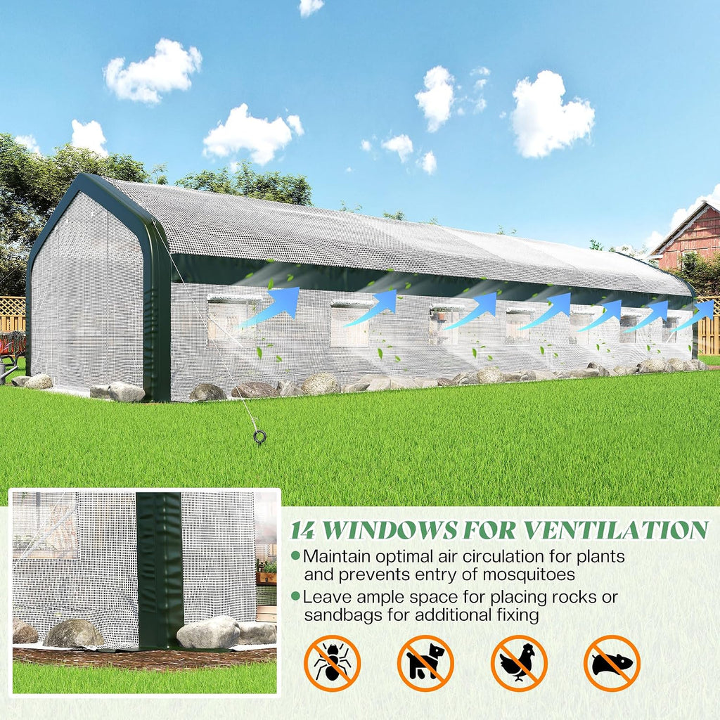 34x10x7 FT Walk-in Tunnel Greenhouse with Watering System | 2 zipper rolling doors, 14 windows and galvanized frame