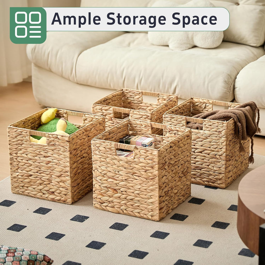 13x13x13 Wicker Storage Basket Set of 4, Water Hyacinth Woven Basket with Handles, Wicker Cube Storage Bins for