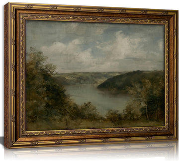 Vintage Lake Landscape Framed Wall Art Muted Neutral River Valley Scenery Wall Decor Moody Rustic Countryside Gallery
