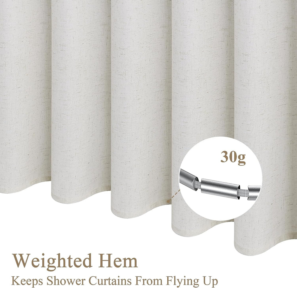 Linen Shower Curtain 72 Inches Long 1 Panel White | Shower Curtains with Hook, Waterproof Cloth, Boho Farmhouse