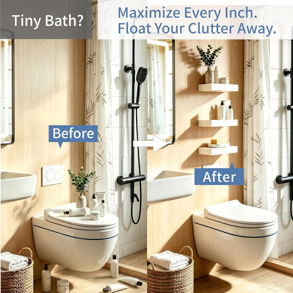 Floating Shelves, White Wooden Set of 3, 12" x 7" x 1.5" | Bathroom Shelves Over Toilet, Wall Mounted Hanging Shelves