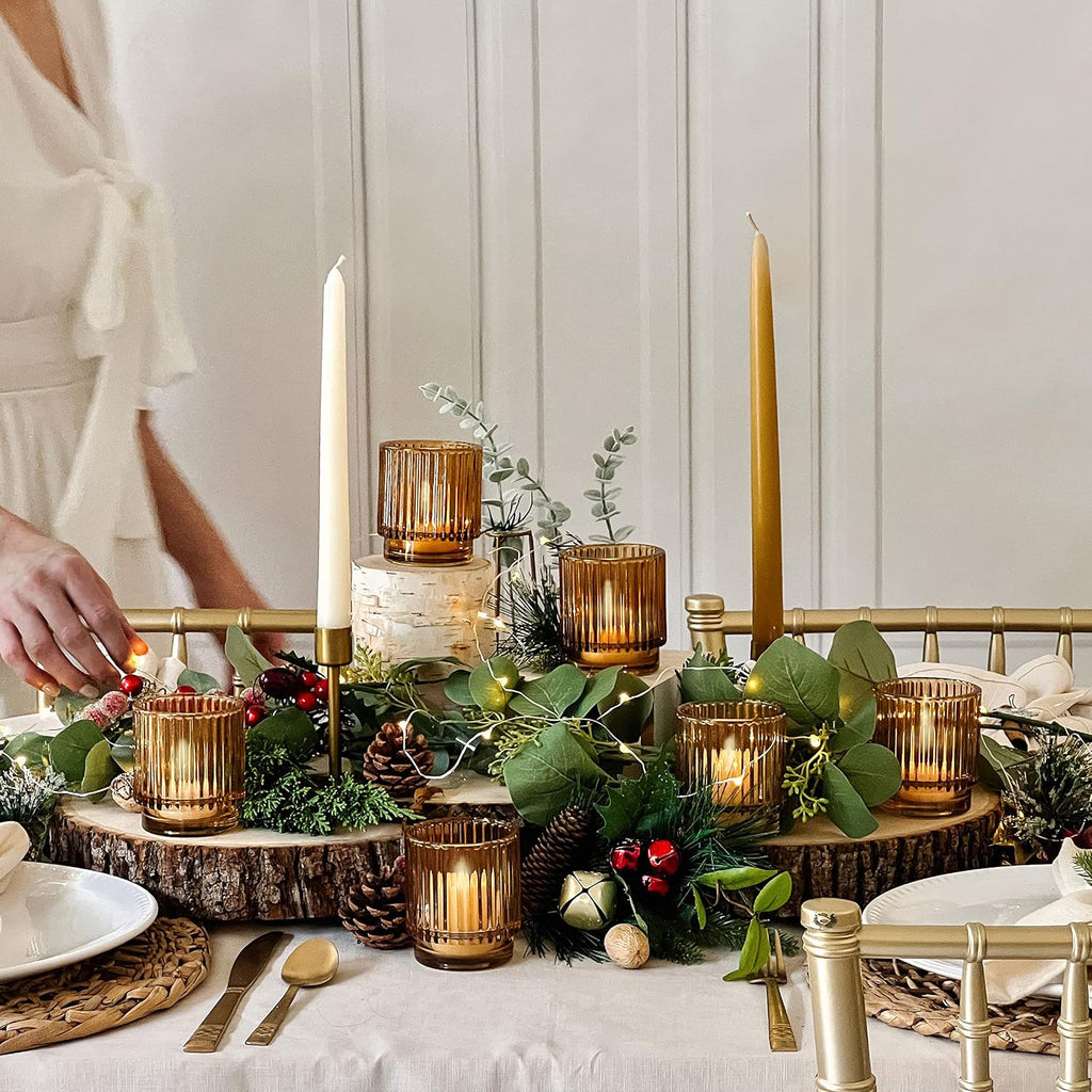 Vintage Glass Tealight & Amber Votive Candle Holders (Set of 6) Rustic Fluted Candle Holder Set, Boho Home Decor