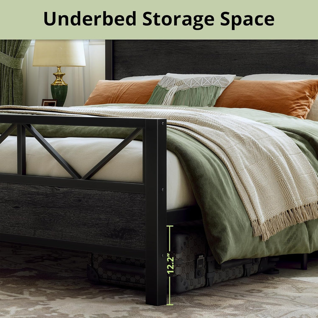 King Bed Frame, Tall Industrial Headboard 51.2 ", Platform Bed Frame with Strong Metal Support, Solid and Stable
