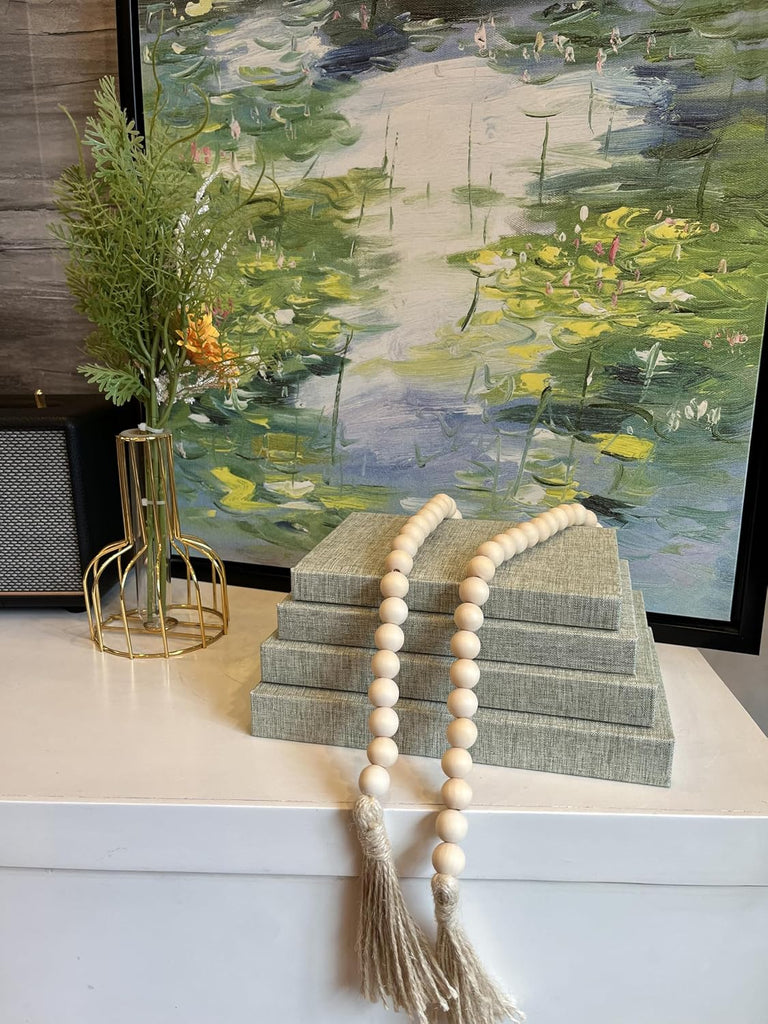 Linen Decorative Books with Wood Beaded Tassel, 4-Piece Sage Set | Coffee Table Books, Neutral Linen Decor, Rustic