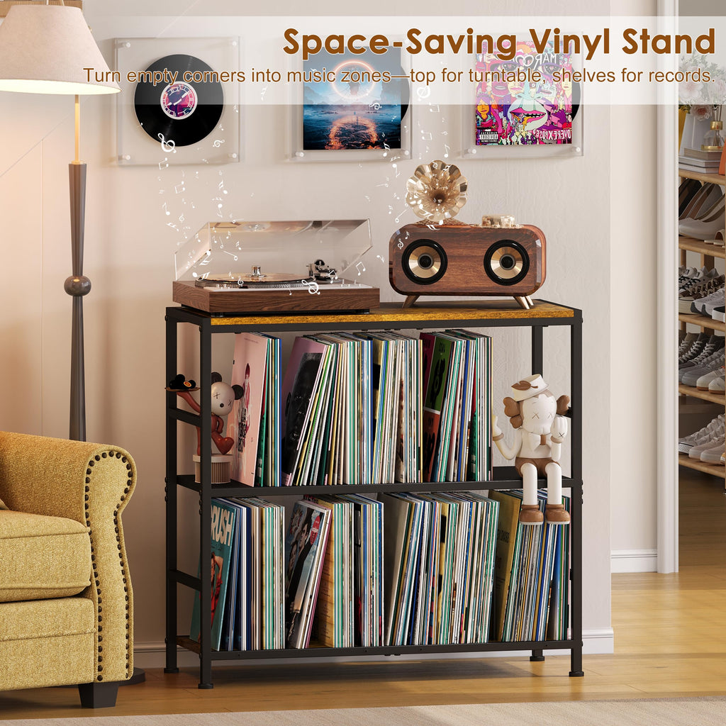 Record Player Stand with 4 Adjustable Dividers, Vinyl Record Storage Up to 300+ Albums, 3-Tier Vinyl Storage Holder