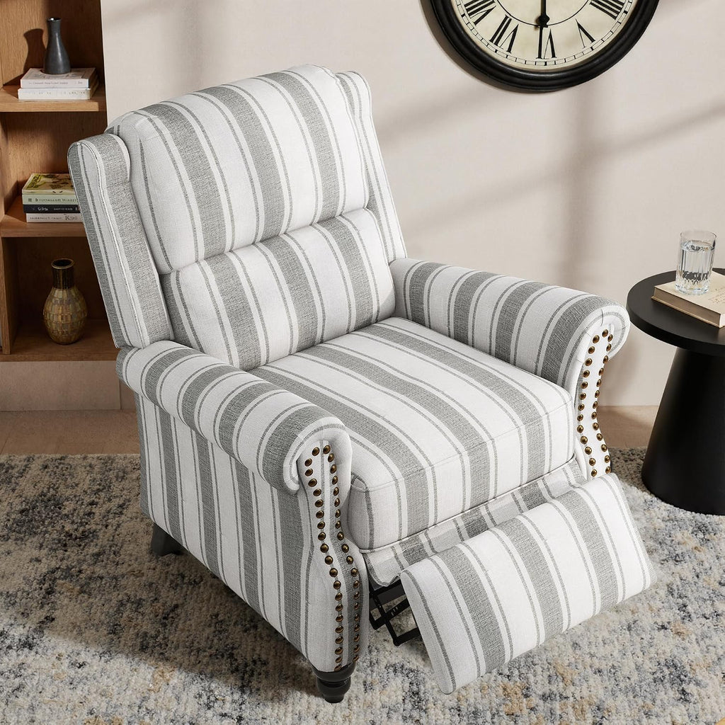 Pushback Recliner Chair, Modern Wingback Recliner, Stripe Gray | Upholstered Push Back Armchair | Comyf Fabric |
