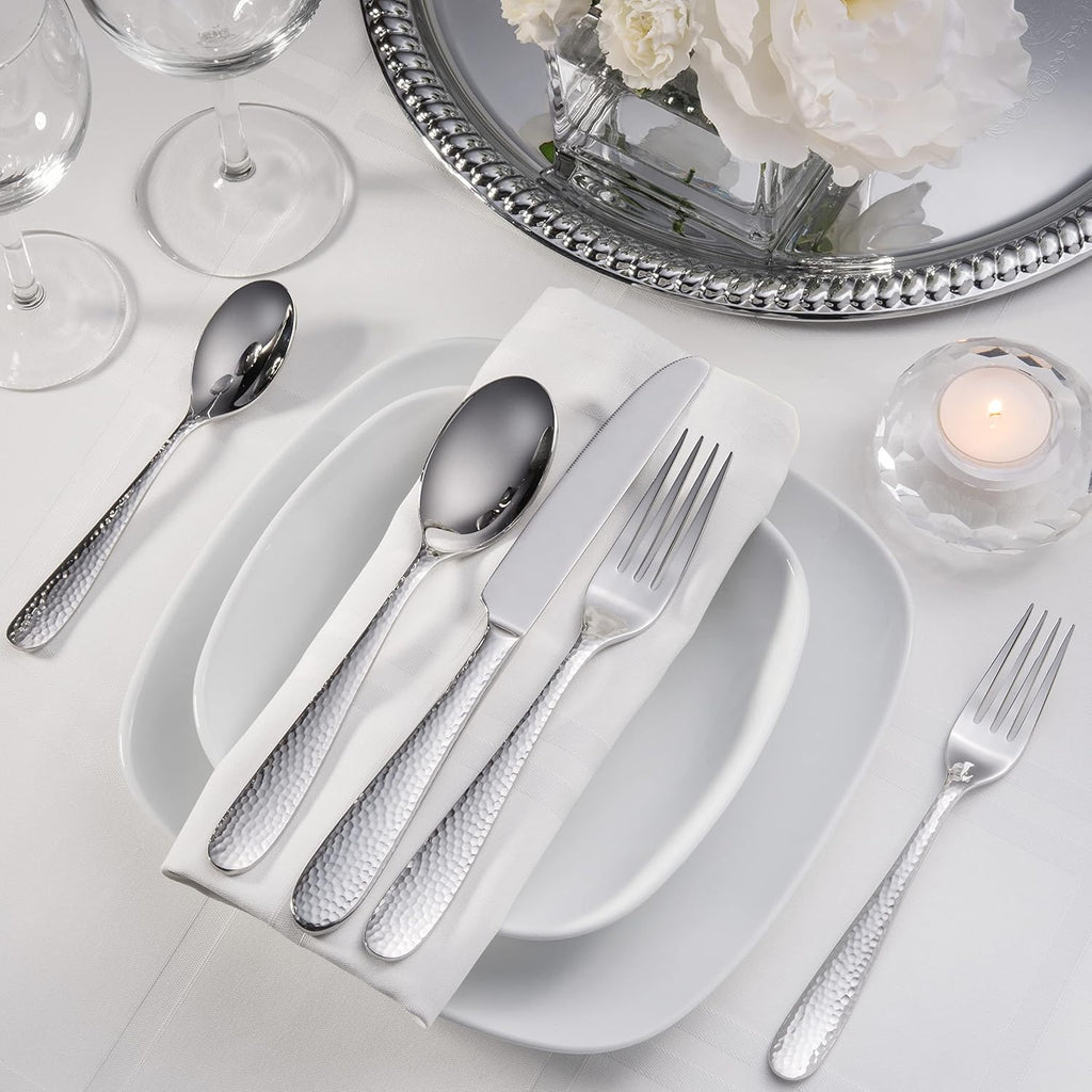 Premium 40-Piece Hammered Silverware Set, 18/10 Stainless Steel