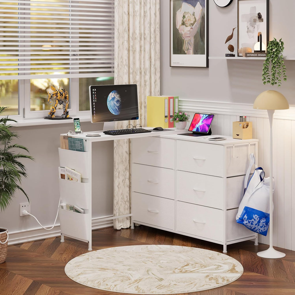 Modern Corner Vanity Desk with 6 Fabric Drawers Power Outlet Side Pocket L Shaped Drawers Makeup Desk Dressing Table