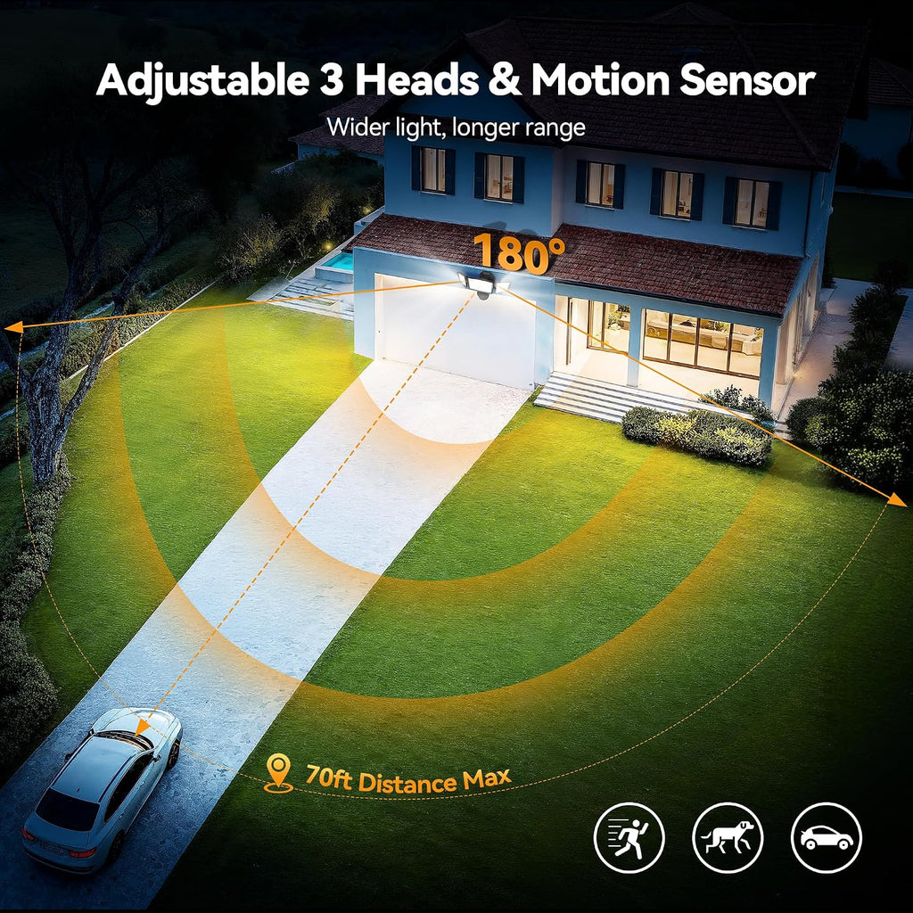 7500LM Motion Sensor Outdoor Lights, 150-LED 3-Head Security Light with Remote Control, 300°Wide Angle Flood Wall