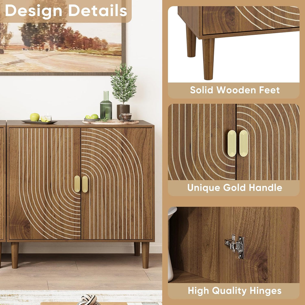 Walnut Sideboard Cabinet, Freestanding Buffet Cabinet with Line Groove Design, Wood Storage Cabinet with Adjustable
